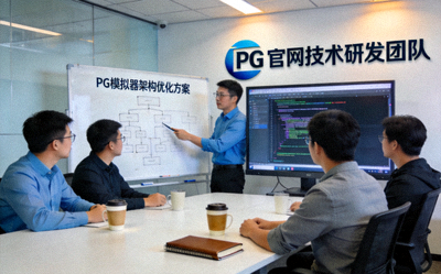 PG官网技术研发团队工作场景，工程师们正在讨论PG模拟器的架构优化方案
