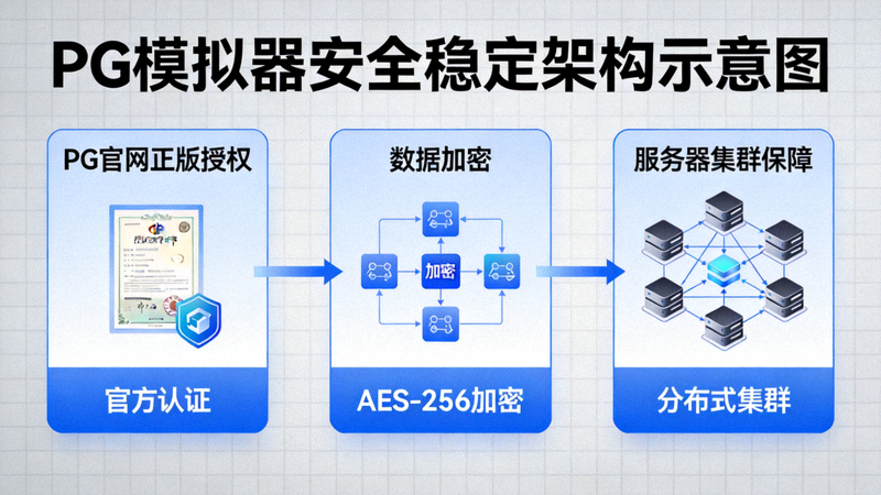 PG模拟器安全稳定架构示意图，展示从PG官网正版授权、数据加密到服务器集群保障的完整安全链条
