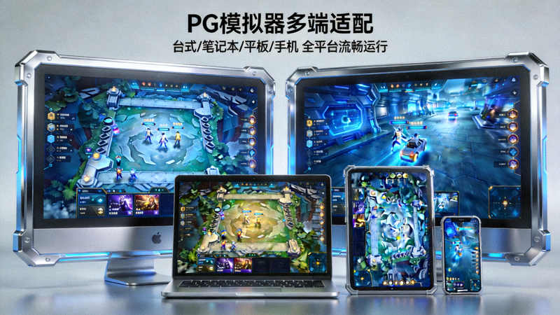 PG模拟器多端适配展示图，展示在台式电脑、笔记本电脑、平板电脑和手机上同时流畅运行PG电子试玩游戏的场景
