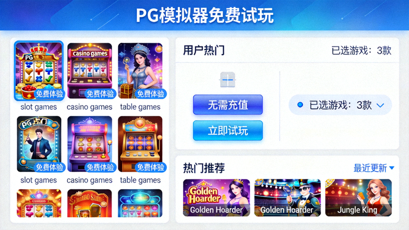 PG模拟器免费试玩功能界面截图，展示用户无需充值即可选择并体验多款PG热门电子游戏的场景