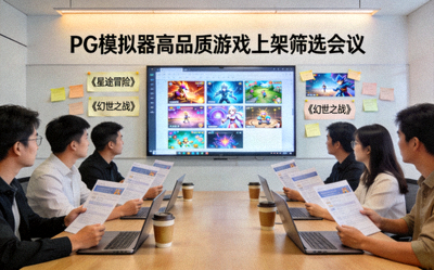 PG模拟器内容团队筛选高品质游戏进行上架的会议场景