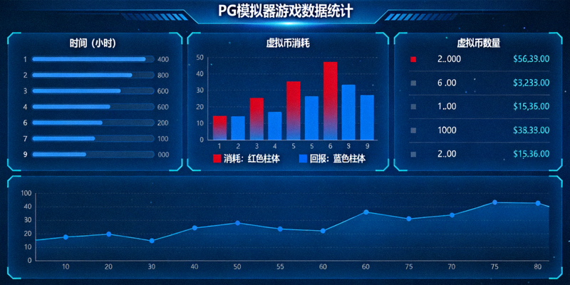 PG模拟器游戏数据分析界面截图，展示虚拟币消耗与回报统计图表